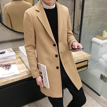 2019. gada ziemas modes vīriešu tīrtoņa krāsas vējjaka vīriešiem garās vilnas mētelis liela izmēra gadījuma vienu-krūšu vējjaka jaka