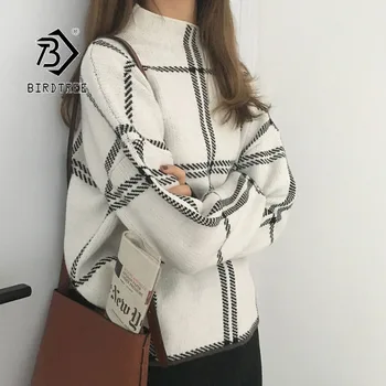 2019 Ins Ziemas Jaunu Sieviešu Džemperi Džemperis Modes Pleds augstu uzrullētu apkakli Loose Knit Pilnu Piedurknēm korejas Ikdienas Topi T98301D