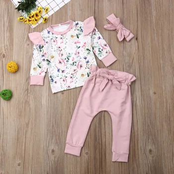 2019 Jauna Rudens Bērniem, Baby Girl Apģērbu ar garām Piedurknēm Ziedu Topi Bowknot Bikses Galvassegu 3PCS Apģērbs, Komplekts