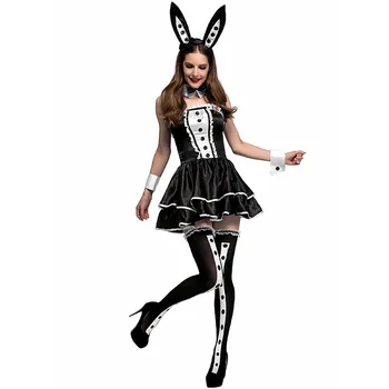 2019 Jaunas sievietes Sexy Bunny Tērpos, Melni Baltā ar Rotaļīgu Babbit Meitene Cosplay Kostīms sieviešu Dzīvnieku karnevāls Halloween Puse Kleita