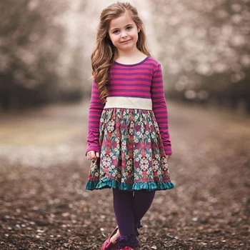 2019 JAUNU INS Meitenes Modes Kleita ar Ziedu Pastorālo Stila Svītrainām garām piedurknēm Kleita Anglijas Sweet Princess 3-12 Gadu Meitene