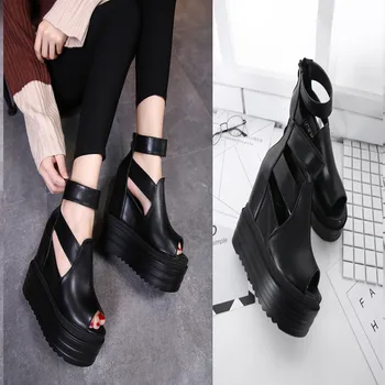 2019 jaunu korejiešu ietvaros palielināt ķīļi bieza-soled platforma muffin sieviešu kurpes 14 cm super augstu papēdi dobi zivju muti sandales