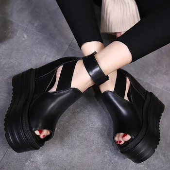 2019 jaunu korejiešu ietvaros palielināt ķīļi bieza-soled platforma muffin sieviešu kurpes 14 cm super augstu papēdi dobi zivju muti sandales