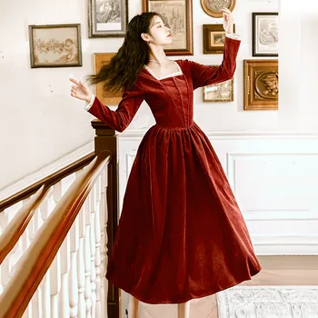 2019 jaunu modes sieviešu apģērbu Rudens un ziemas vintage kleita ar Kvadrātveida Apkakle
