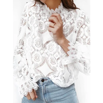 2019 Jaunu Sieviešu Balta Mežģīņu Dobi Slim Blūzes Krekls ar garām Piedurknēm Topi, Stilīgs Casual Vasaras Modes Apģērbu