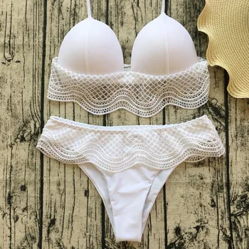 2019 Jaunu Sieviešu Melna Balta Mežģīņu Augsta Vidukļa Peldkostīms Bikini Komplekts Sexy Cietā Sievietes Bikini Push Up Peldkostīmi, Banting Uzvalks Peldkostīmi