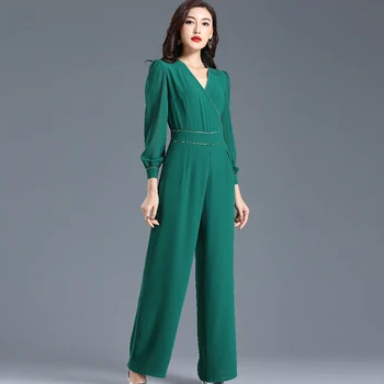 2019 Jumpsuit Kombinezonus Sieviešu Rudens Puse Zaļā Augsta Vidukļa V-veida kakla Šifona High Street Elegants Plaša Kāju Tērpu Plus Izmērs 3XL 4XL