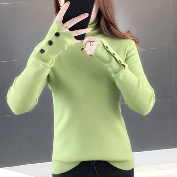 2019 Korejas Džemperis Ziemas Augstu Uzrullētu Apkakli Sieviešu Apģērbu Mīkstu Siltu Pogu Garām Piedurknēm Adīti Džemperi Modes Pulovers Jersey Mujer