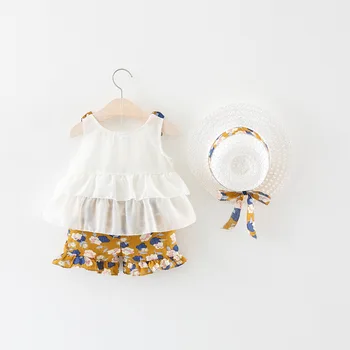 2019 Meitenes Zīdaiņu Apģērbu Komplekts Vasaras Šifona Uzstādīt Ziedu Linga Bikses, Cepure, 3 Gabals Komplekts Zīdaiņiem 0-4 Gadiem, Sievietēm, Zīdaiņiem,