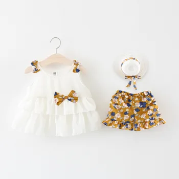2019 Meitenes Zīdaiņu Apģērbu Komplekts Vasaras Šifona Uzstādīt Ziedu Linga Bikses, Cepure, 3 Gabals Komplekts Zīdaiņiem 0-4 Gadiem, Sievietēm, Zīdaiņiem,
