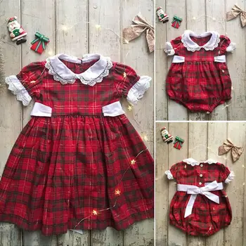 2019 Salds Kid Baby Girl Ziemassvētki Māsa Atbilstošas Drēbes Mežģīnēm LĪDZ ar Īsām Piedurknēm Romper Mežģīņu Kleita Tērpiem