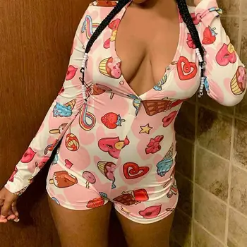 2019 Sexy Sievietes Dziļu V veida Kakla Bodycon Sleepwear Bodysuit Pogu Uzvalka bikses Romper Bodysuit garām Piedurknēm Bodysuit Drukāt Jumpsuit