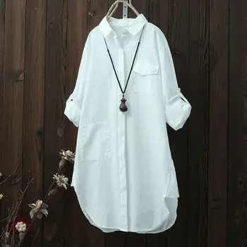 2019 Sievietes, Divas Kabatas Balts Krekls, Sieviešu Blūze Topi Cieta garām Piedurknēm Gadījuma Savukārt-Apkakle OL Style Sieviešu Blūzes Brīvs