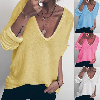 2019 Sieviešu Pamata Kokvilnas T-Krekli Pavasara Garām Piedurknēm V-Veida Kakla Gadījuma Ilgi, Topi Tee Meitenes Sexy T-Krekls Plus Lieluma Apģērbu