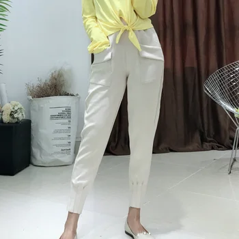 2019 Sieviešu Rudens Ziemas Zīmuli Bikses Modes Augsts Viduklis Elastīgas Kabatas Zamšādas Harēma Bikses Melnas Slim Plus Lieluma Bikses Femme