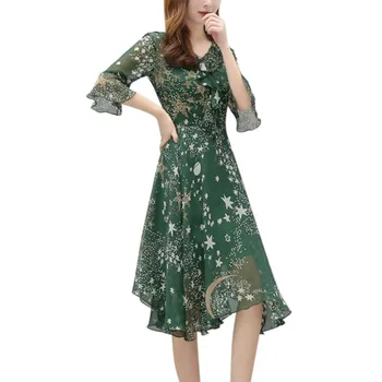 2019 Sieviešu Savirmot Kroku Kleitu Modes Drukāt Šifona Kleita Vintage Sieviešu Kleita Vestidos
