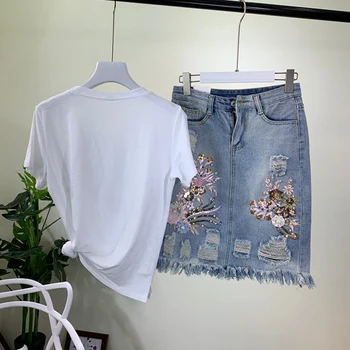 2019 Sieviešu Sequined 3D Ziedu Kokvilnas Tshirts + Džinsa Svārki 2GAB Apģērbu Komplekti Gadījuma Vidum Teļš Svārki Uzvalki XZ047
