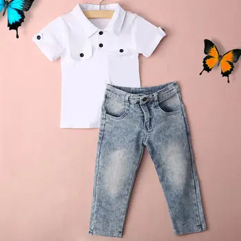 2019 Toddler Bērniem, Baby Boy Kokvilnas ar īsām piedurknēm balts T-krekls Topi, Džinsu Bikses Tērpiem 2gab kokvilnas apģērbs Komplekts bērniem zēnu Drēbes
