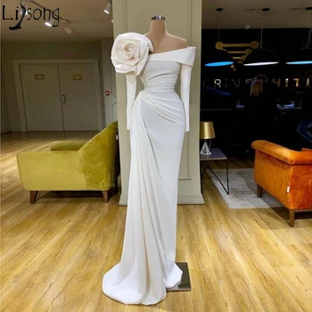 2020 Couture Modes Off White Balles Kleitas Pie Pleca ar garām Piedurknēm Vakara Kleita ar Roku Ziedi arābu Formālās Kleitas