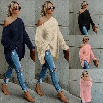 2020 Džemperis Kleita Off-plecu Ilgi vienkrāsainu Dāmas Džemperi Zaudēt Gadījuma Apaļu Kakla Streetwear Top Plus Lieluma Apģērbu