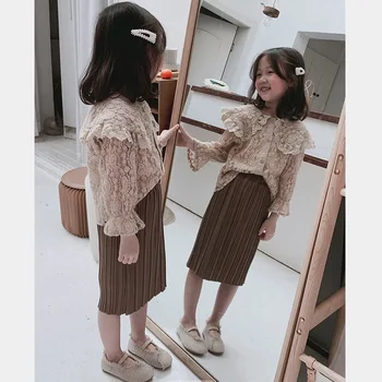 2020. gada Pavasara Toddler Meitene 2gab Mežģīnes garām Piedurknēm Blūze korejas Kroku Svārki Bērnu Apģērbu Komplekti Meitene 2 3 4 5 6 Gados Bērns Uzvalks