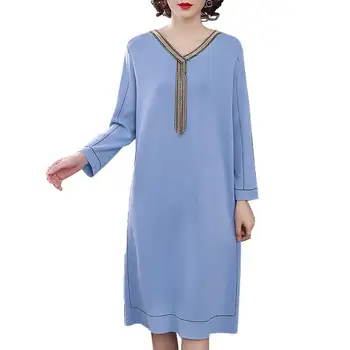 2020. gada pavasarī jaunā stila vilnas kleita sieviešu ķēdes inkrustēts ar garām piedurknēm tīrtoņa krāsu adīšanas kleita