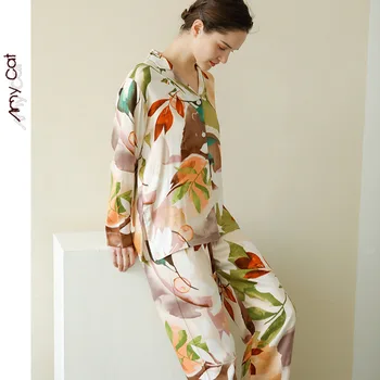 2020. Gada Pavasarī, Satin Kļavu Lapu Padarot Drukāšanas Pidžamu Loungewear Sievietēm Ar Garām Piedurknēm Viskoze Mājas Drēbes, Divas Gabals Sleepwear