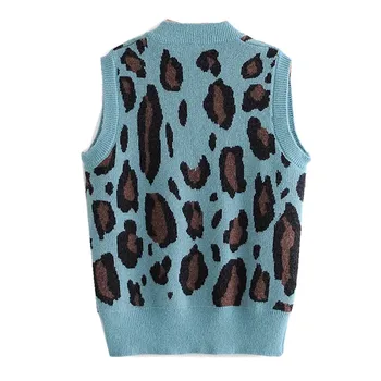2020. gada Rudenī 90's Vintage Leopard Adīšanas Džemperi, Vestes Sievietēm korejas Apģērbu V Kakla Siltie Džemperi Y2K Trikotāža Bēša Zila