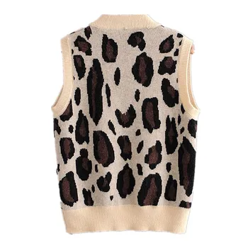 2020. gada Rudenī 90's Vintage Leopard Adīšanas Džemperi, Vestes Sievietēm korejas Apģērbu V Kakla Siltie Džemperi Y2K Trikotāža Bēša Zila