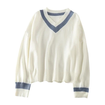 2020. gada rudenī jaunu balts svīteris vaļīgi preppy koledžas stilā ar V-veida kakla garām piedurknēm adīt džemperis rudenī 2020. gadam sieviešu apģērbs