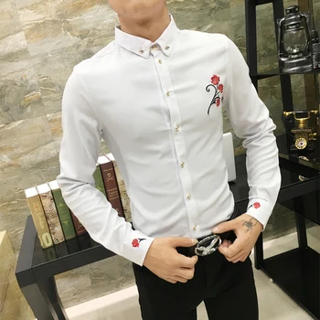 2020. gada Rudenī Jaunu Vīriešu Rožu Krekls korejas Modes Gadījuma Vīriešu Izšuvumi Krekls ar garām piedurknēm Slim Fit Izšuvumi Vīriešu Krekls