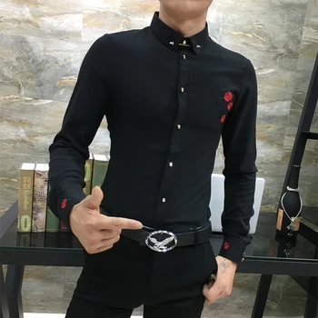 2020. gada Rudenī Jaunu Vīriešu Rožu Krekls korejas Modes Gadījuma Vīriešu Izšuvumi Krekls ar garām piedurknēm Slim Fit Izšuvumi Vīriešu Krekls