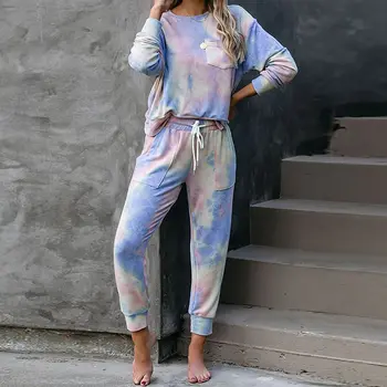 2020. gada Rudenī Tie Krāsošanas pidžamas komplekts sievietēm Miega Valkāt Sleepwear Uzstādīt Sieviešu Pidžamas Komplekts Lounge Valkāt guļamistabas Komplekts Sievietēm Naktsveļu