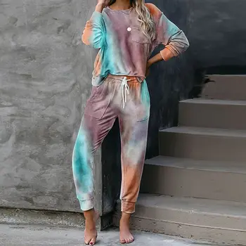 2020. gada Rudenī Tie Krāsošanas pidžamas komplekts sievietēm Miega Valkāt Sleepwear Uzstādīt Sieviešu Pidžamas Komplekts Lounge Valkāt guļamistabas Komplekts Sievietēm Naktsveļu