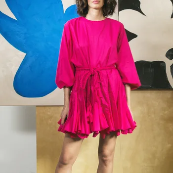 2020. gada Vasaras Autumer Kontrasta Krāsu Kroku Brīvdienu Sieviešu Kleita Apkakli, garām Piedurknēm Mini Vērtnes Pludmales Stilu 