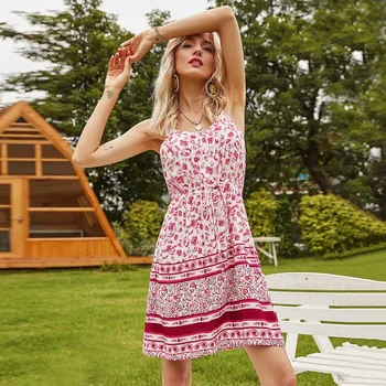 2020. gada Vasaras mini bohēmas pludmales kleitu Modes Puse Kleita Backless Kamzolis Sievietes Sexy Dāmas Drukāt Ziedu Pludmales Kleita