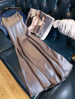 2020. gada Vasaras Sievietes Ilgi Slīdēšanas Kleitu Spageti Siksnas Eleganta Dāma, Sexy Satīna Puse Kleita Plus Lieluma Sexy mežģīņu un zīda kleita