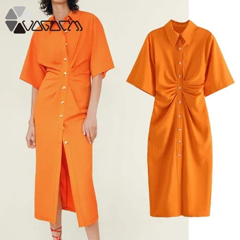 2020. gada Vasaras Sievietes Kleitu Cietā Apelsīnu Tunika Modes Īsām Piedurknēm Dāmas Kleitas, Elegants Birojs Midi Femme Drēbes Vestidos CYZ