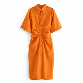 2020. gada Vasaras Sievietes Kleitu Cietā Apelsīnu Tunika Modes Īsām Piedurknēm Dāmas Kleitas, Elegants Birojs Midi Femme Drēbes Vestidos CYZ