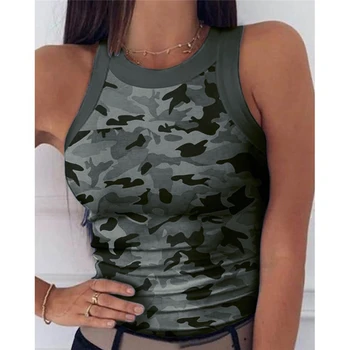 2020. gada Vasaras Sieviešu Drukāt Top Modes Sieviešu Ikdienas Armijas Camo Maskēties Tvertne bez Piedurknēm O-veida kakla Slim Vestes T-Krekli Plus Izmērs S-2XL