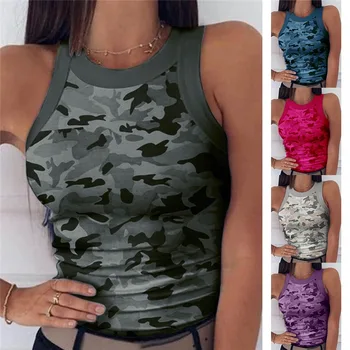 2020. gada Vasaras Sieviešu Drukāt Top Modes Sieviešu Ikdienas Armijas Camo Maskēties Tvertne bez Piedurknēm O-veida kakla Slim Vestes T-Krekli Plus Izmērs S-2XL
