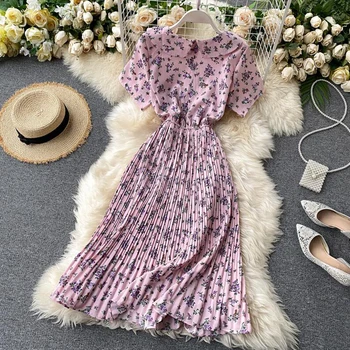 2020. gada vasaras sieviešu salds Kroku kleita vintage elastīgs viduklis ar īsām piedurknēm ziedu drukāt eleganta kleita lelle apkakles midi kleitas
