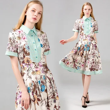 2020. gada Vasaras Sieviešu Skrejceļa, Dizainu, Vintage Kleita Plus Lieluma Īsām Piedurknēm Savukārt Apkakle Drukātā veidā Puses Gadījuma Midi Kleitas
