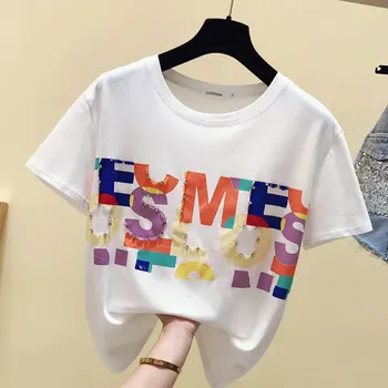 2020. gada Vasaras Sieviešu T Krekls Slim Dimantu Vēstuli Kokvilnas T Dāma Vogue O Kaklu Balts ar Īsām Piedurknēm korejiešu Stilā, T-krekls Topi Femm