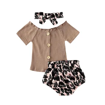 2020. gada Vasaras Toddler Baby Girl Apģērbu Pogu Kokvilnas T krekls Trikotāžas Svītrainām Pie pleca, Topi, Bikses, Leoparda Komplekts Tērpiem 3PCS