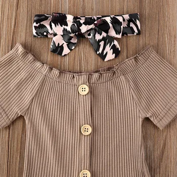 2020. gada Vasaras Toddler Baby Girl Apģērbu Pogu Kokvilnas T krekls Trikotāžas Svītrainām Pie pleca, Topi, Bikses, Leoparda Komplekts Tērpiem 3PCS