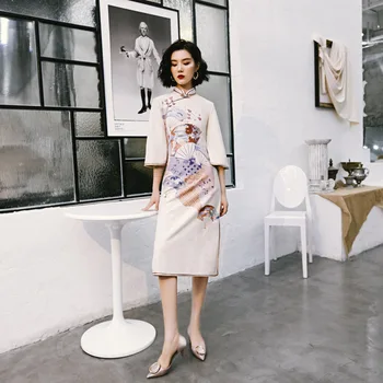 2020. gada Vasaras Uzlabota Tradicionālo Ķīniešu Cheongsam Printed Kleita Zamšādas Slāni Elegants Midi Vestidos Puse Sieviešu Apģērbu Qipao