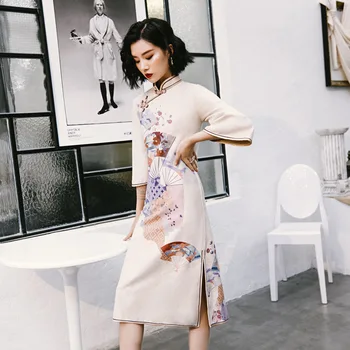 2020. gada Vasaras Uzlabota Tradicionālo Ķīniešu Cheongsam Printed Kleita Zamšādas Slāni Elegants Midi Vestidos Puse Sieviešu Apģērbu Qipao