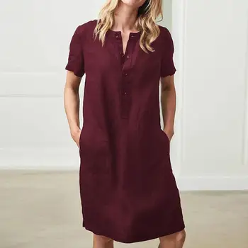 2020. gadam Pavasara Vasaras Vintage Taisni dressWomen Īsās Piedurknes Kabatas Kleita Pogu Solid Plus Lieluma Kleitas 5XL