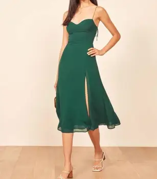 2020. gadā francijas Sieviešu Kleita Cietā Zaļo Krāsu Apsēju Cilpu uz augšu Spageti Siksnas Vidum Teļš Spraugas Kleitas Puse Modes Sieviešu Drēbes